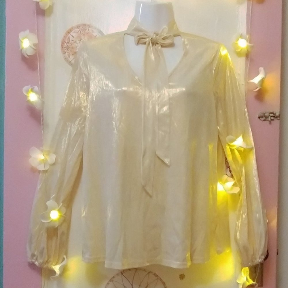 Kate Kasin (S) Tie Neck Gold Metallic Blouse